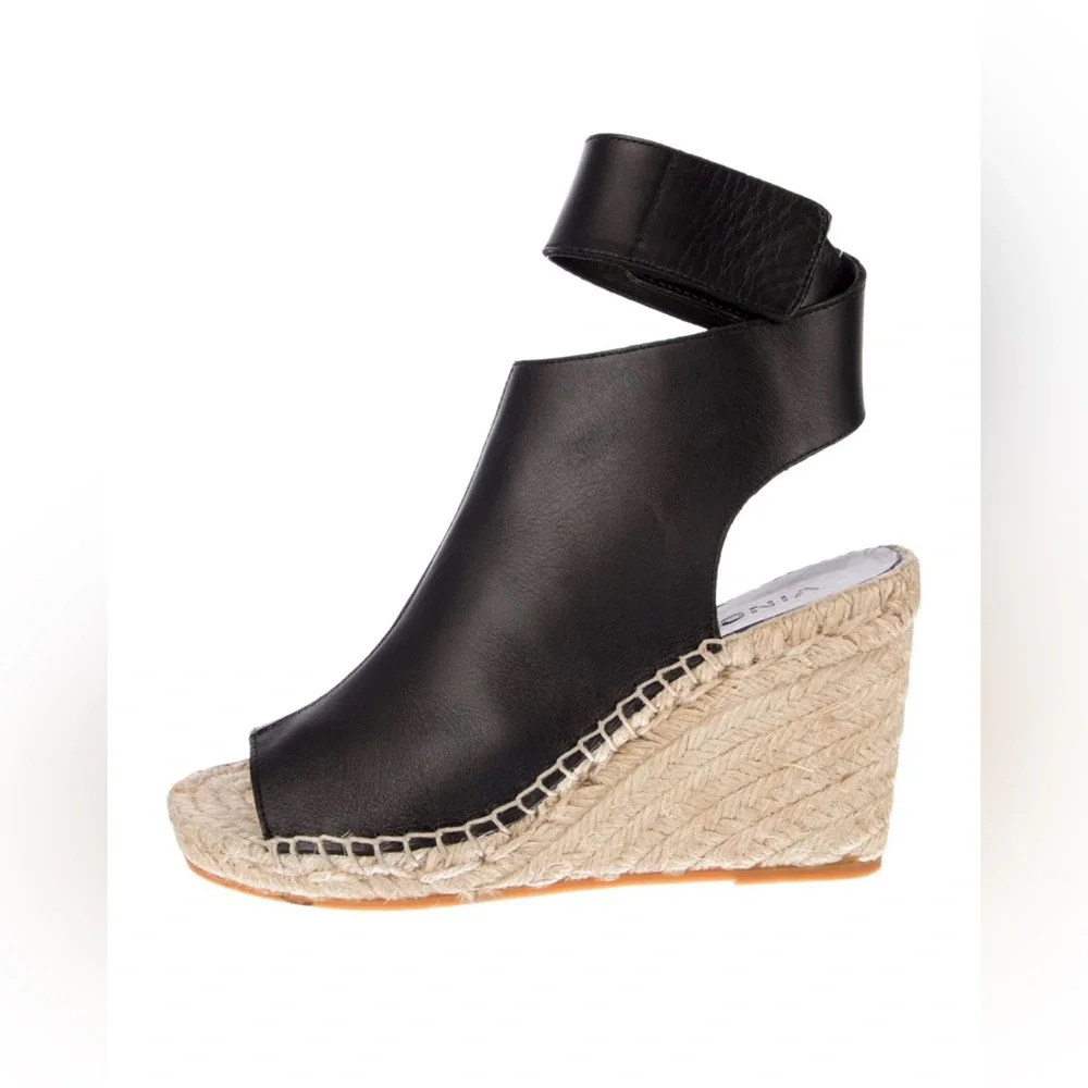 Vince Seymour Covered Black Leather Open Toe Espadrille Jute Wedge Sandal 9M